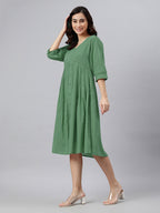 Janasya Bright Cotton Solid Gathered Dress - Distacart