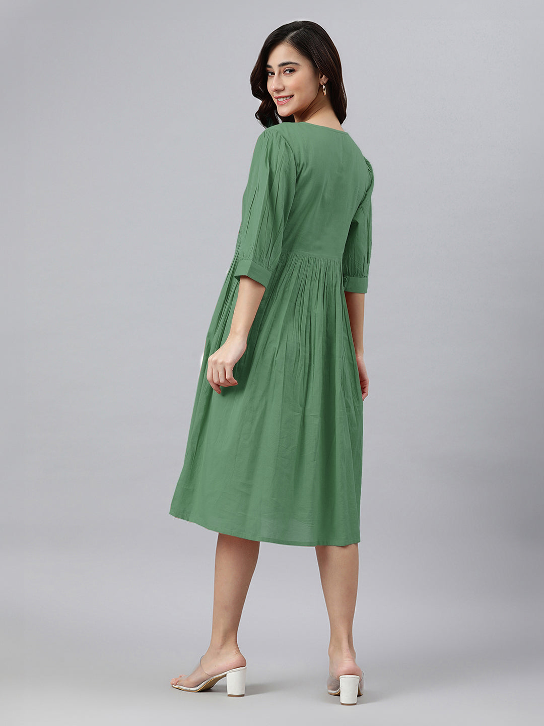 Janasya Bright Cotton Solid Gathered Dress - Distacart