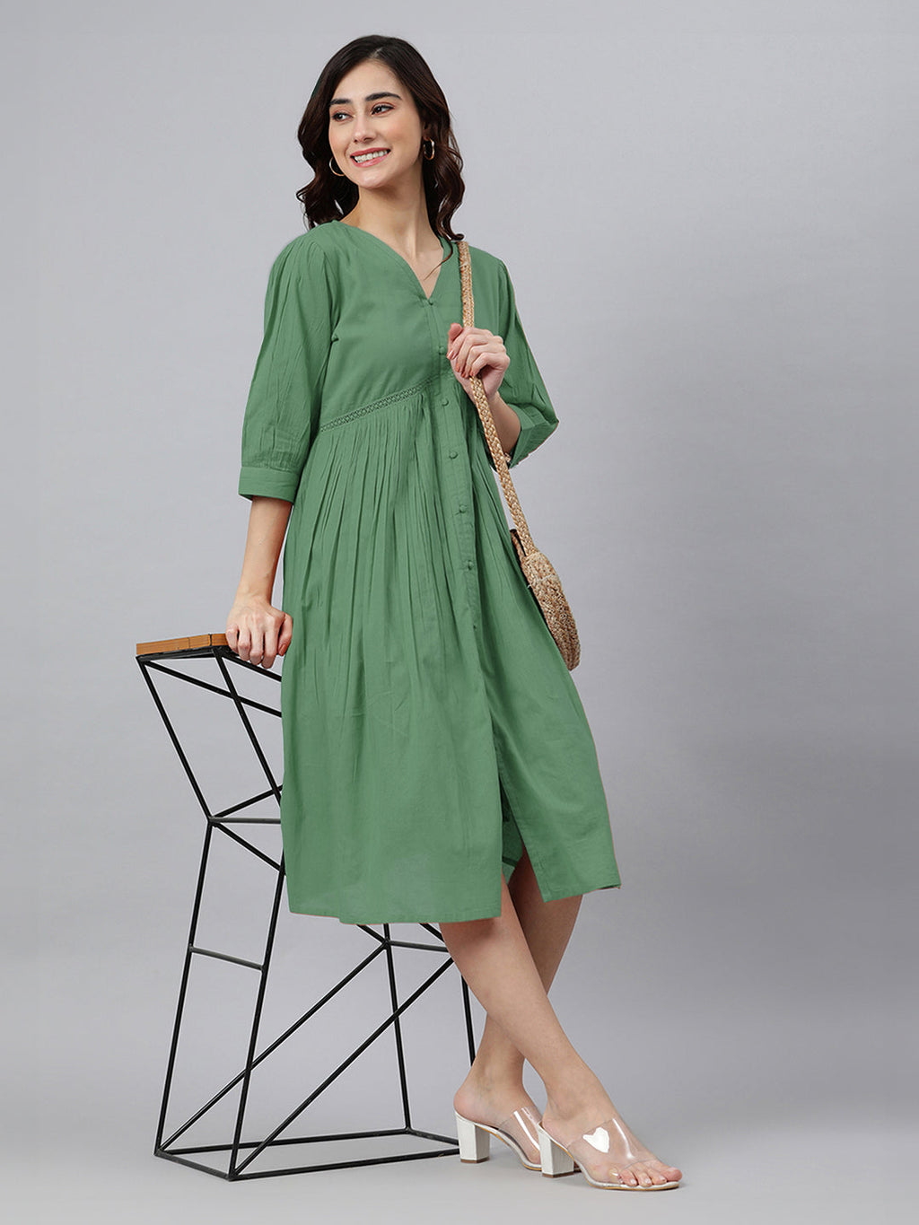 Janasya Bright Cotton Solid Gathered Dress - Distacart