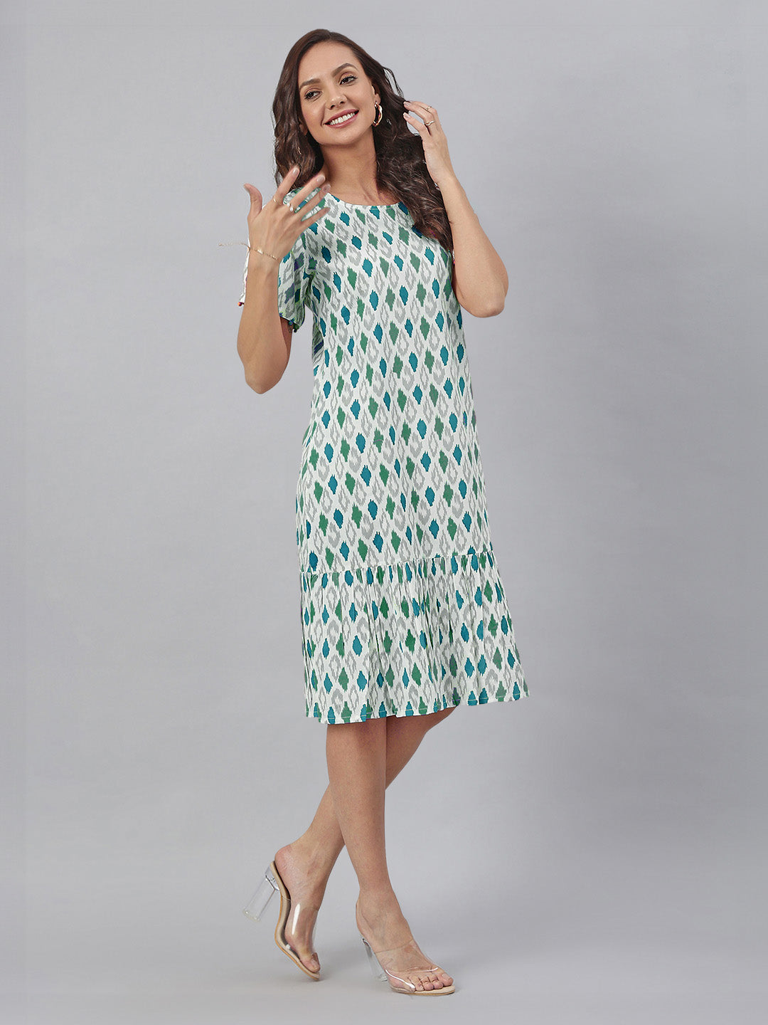 Janasya Bright Cotton Ikkat A-Line Dress
