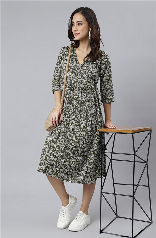 Janasya Dark Cotton Floral Angrakha Dress - Distacart