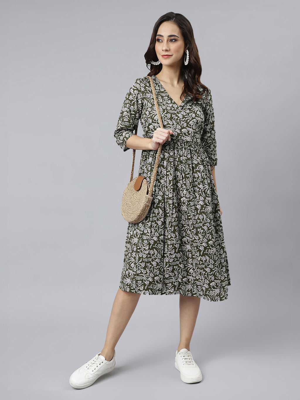Janasya Dark Cotton Floral Angrakha Dress - Distacart