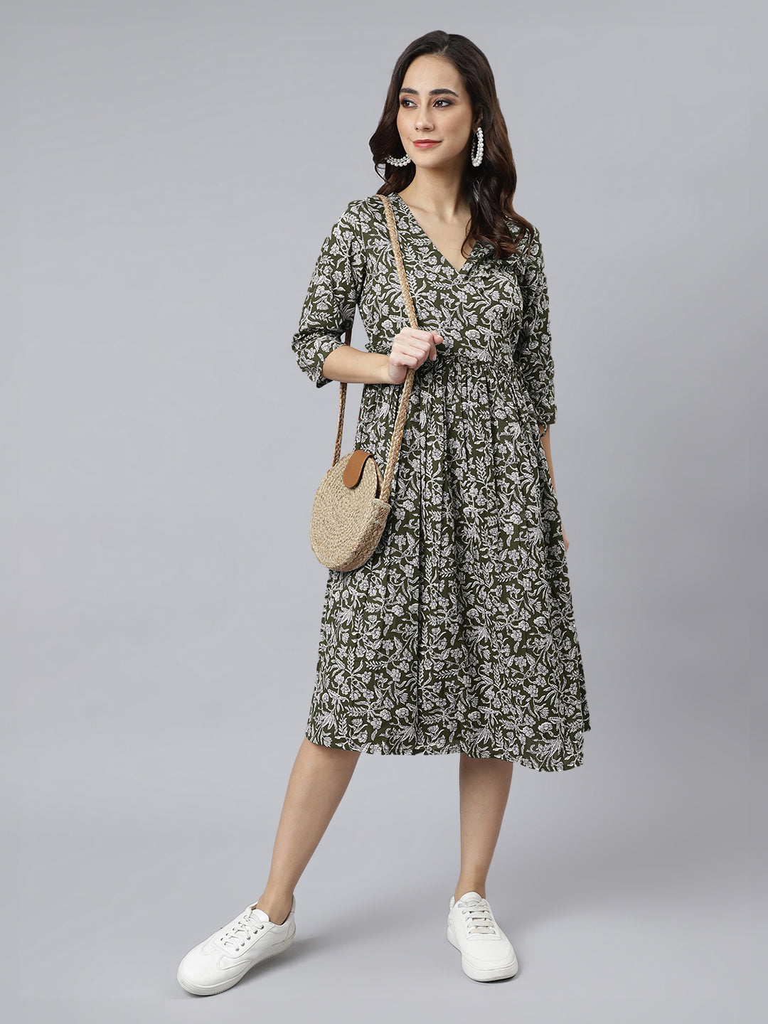 Janasya Dark Cotton Floral Angrakha Dress - Distacart