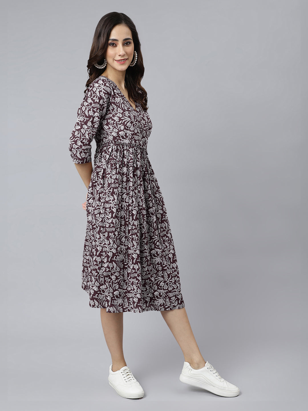Janasya Dark Cotton Floral Angrakha Dress - Distacart