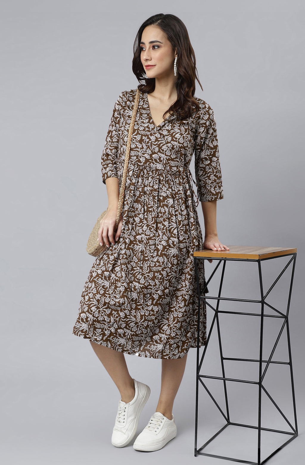 Janasya Dark Cotton Floral Angrakha Dress - Distacart