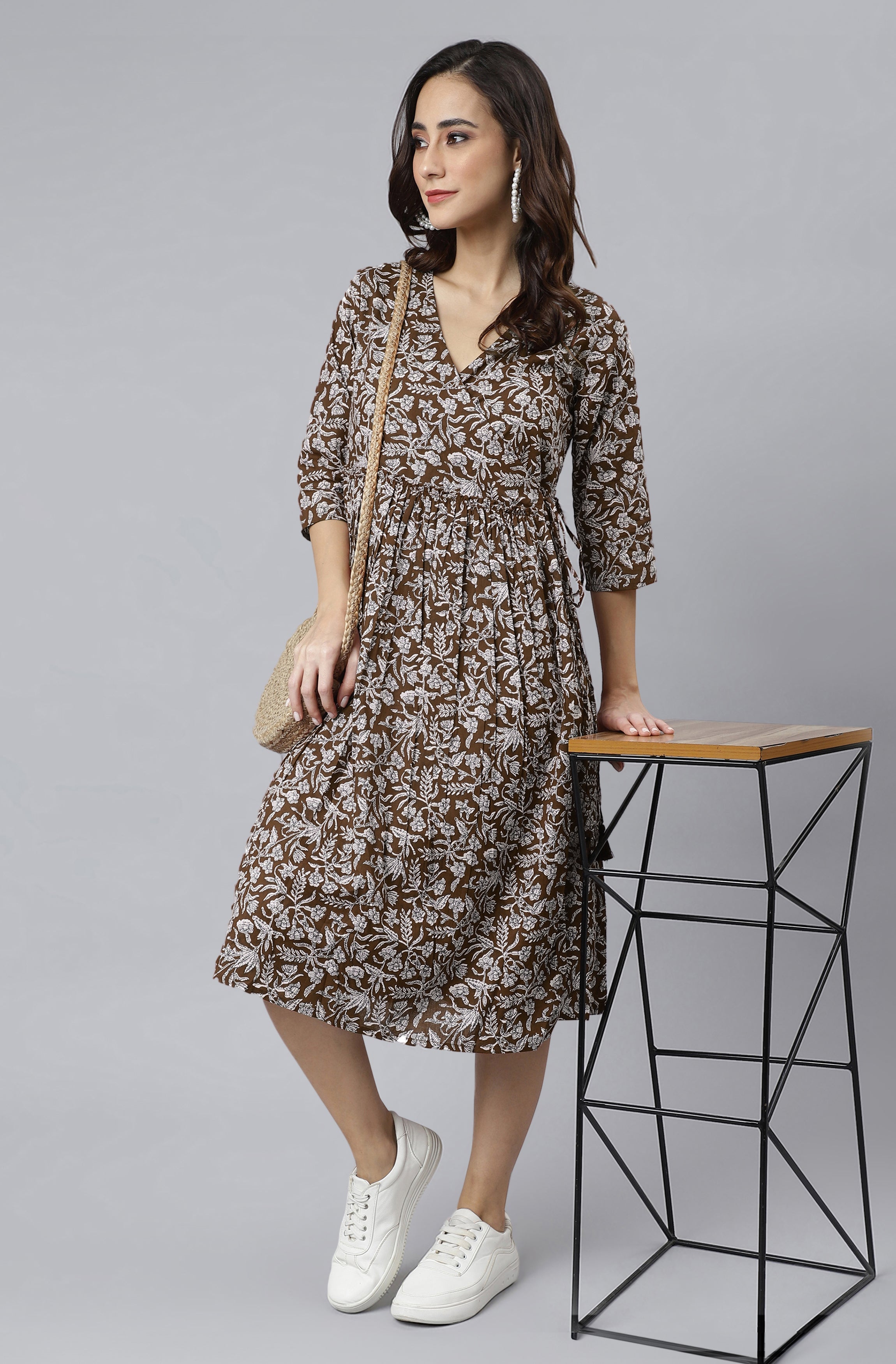 Janasya Dark Cotton Floral Angrakha Dress - Distacart