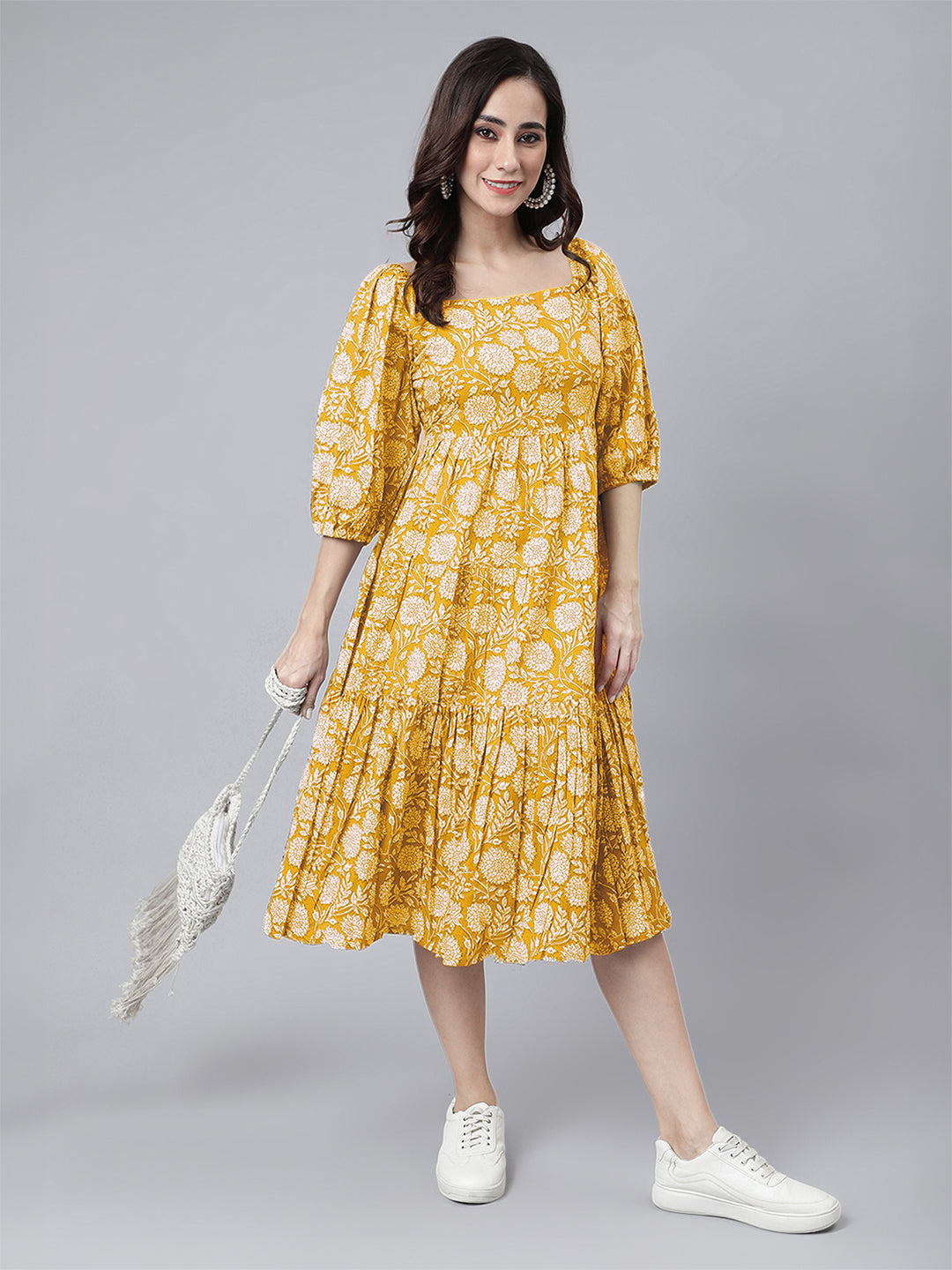Janasya Bright Cotton Floral Tiered Dress - Distacart