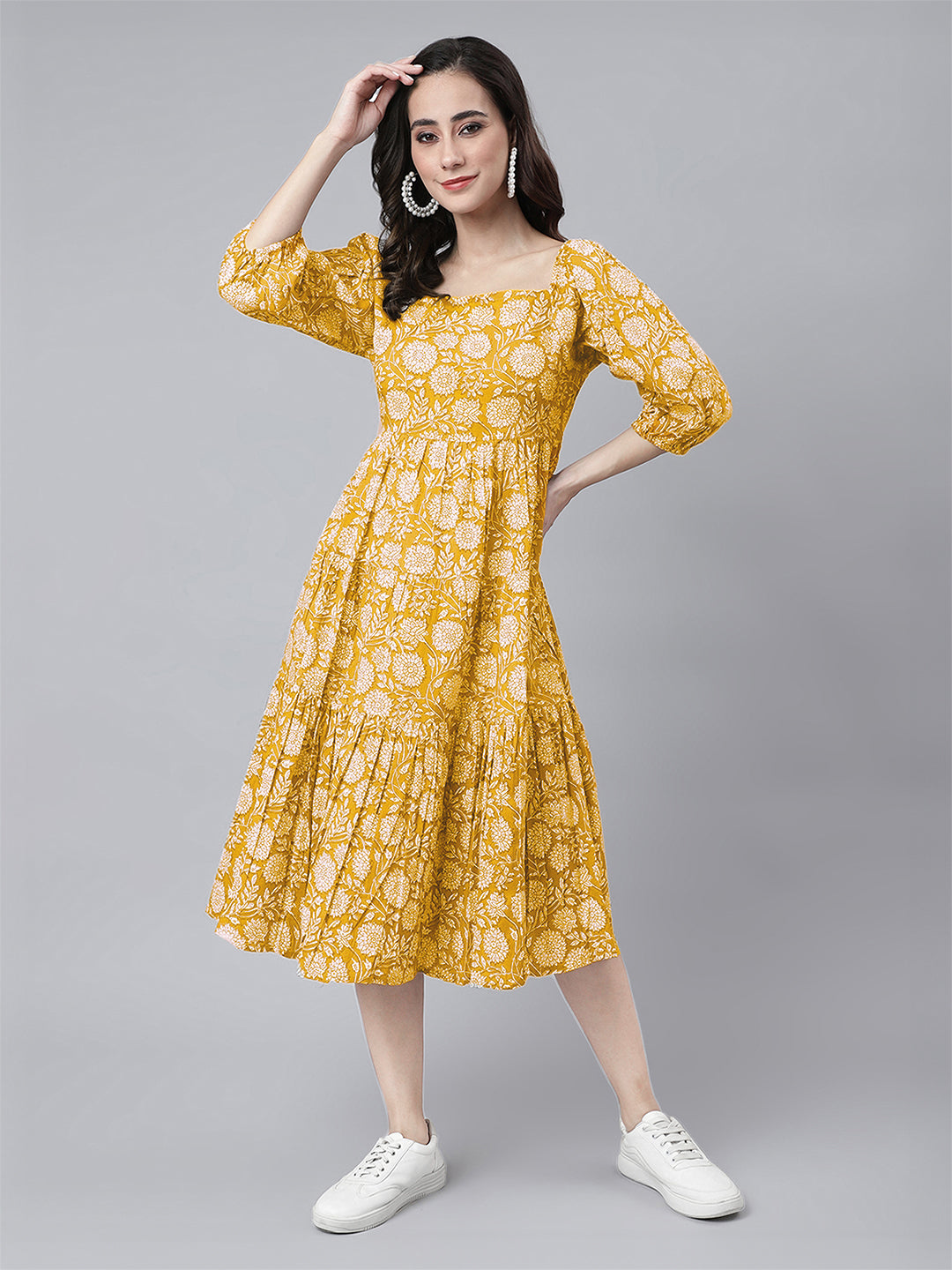 Janasya Bright Cotton Floral Tiered Dress - Distacart