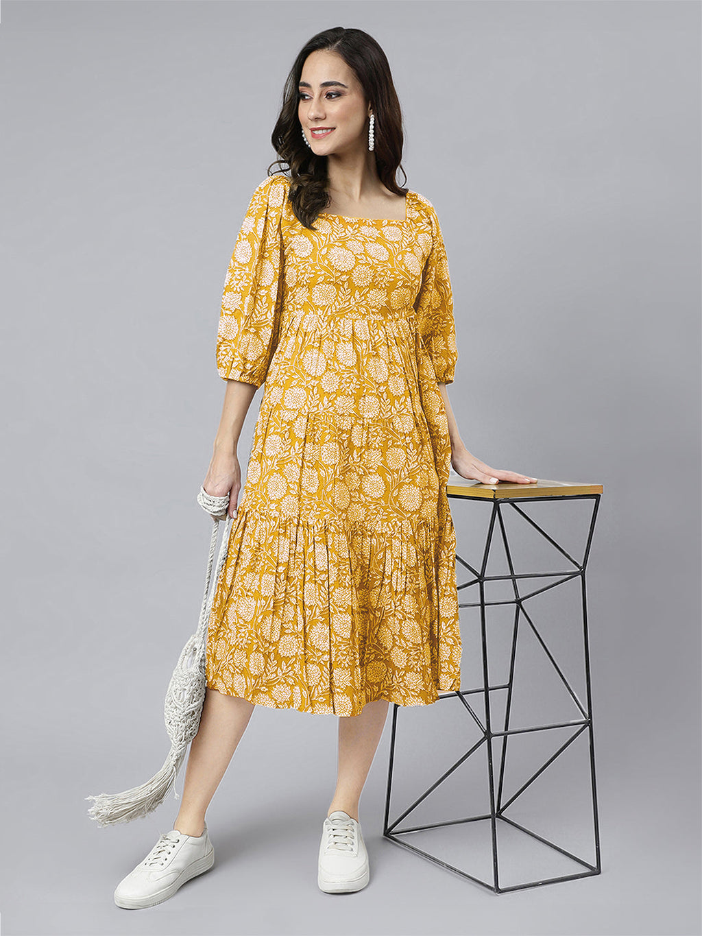 Janasya Bright Cotton Floral Tiered Dress - Distacart