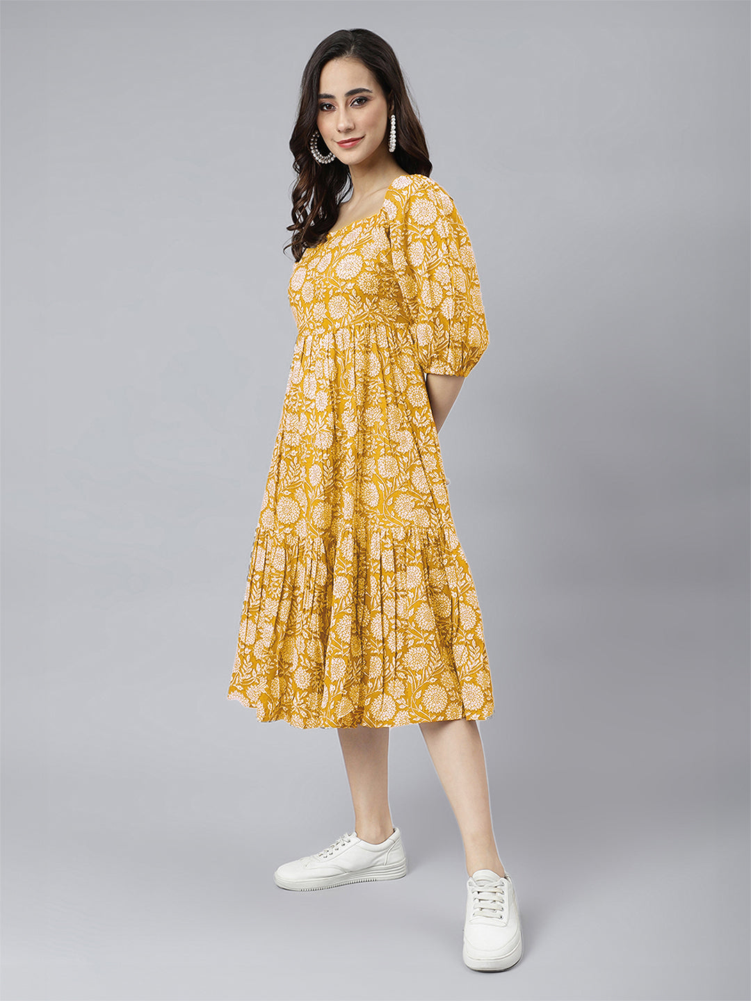 Janasya Bright Cotton Floral Tiered Dress - Distacart