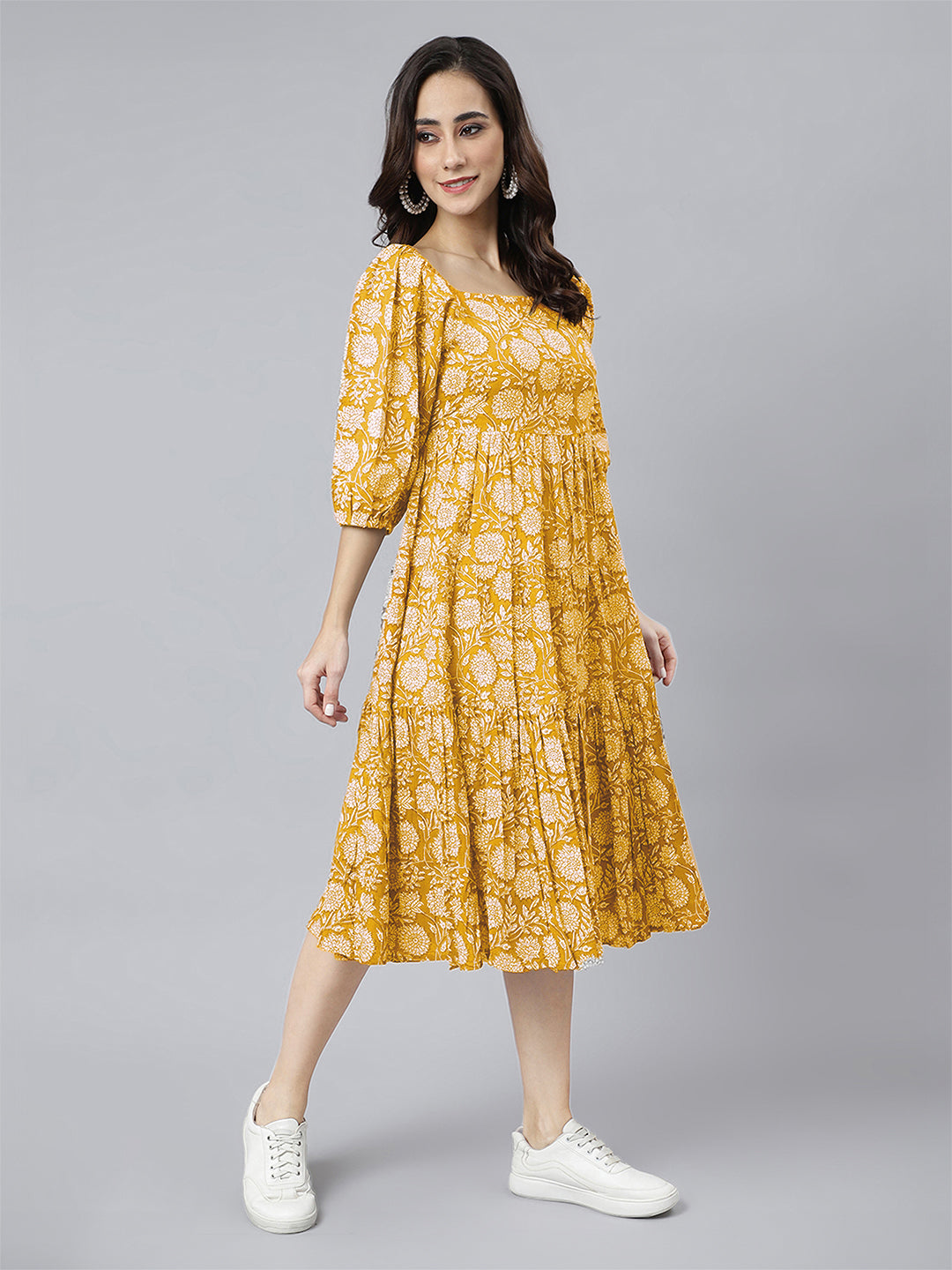 Janasya Bright Cotton Floral Tiered Dress - Distacart