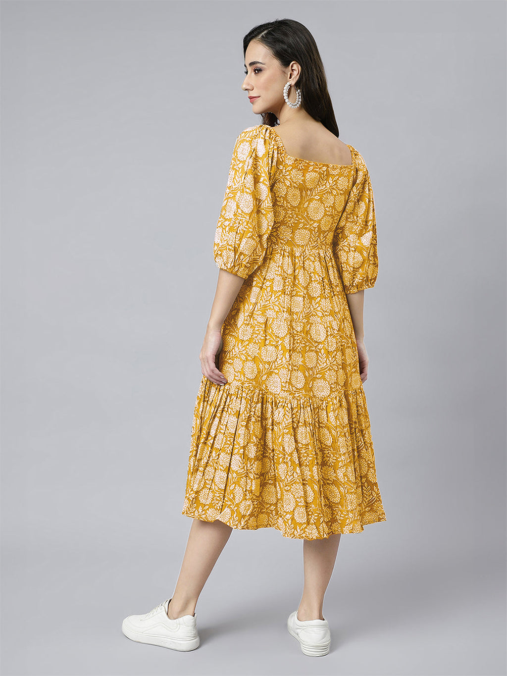 Janasya Bright Cotton Floral Tiered Dress - Distacart