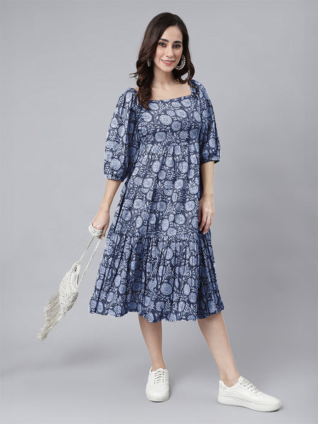 Janasya Bright Cotton Floral Tiered Dress
