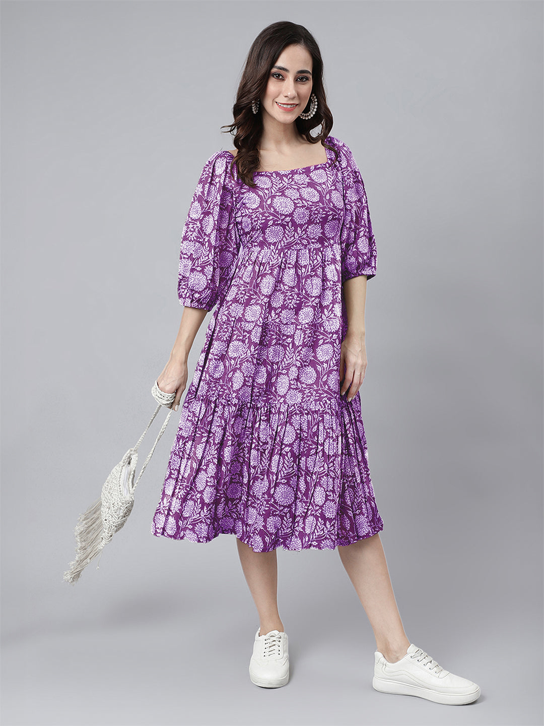 Janasya Bright Cotton Floral Tiered Dress - Distacart