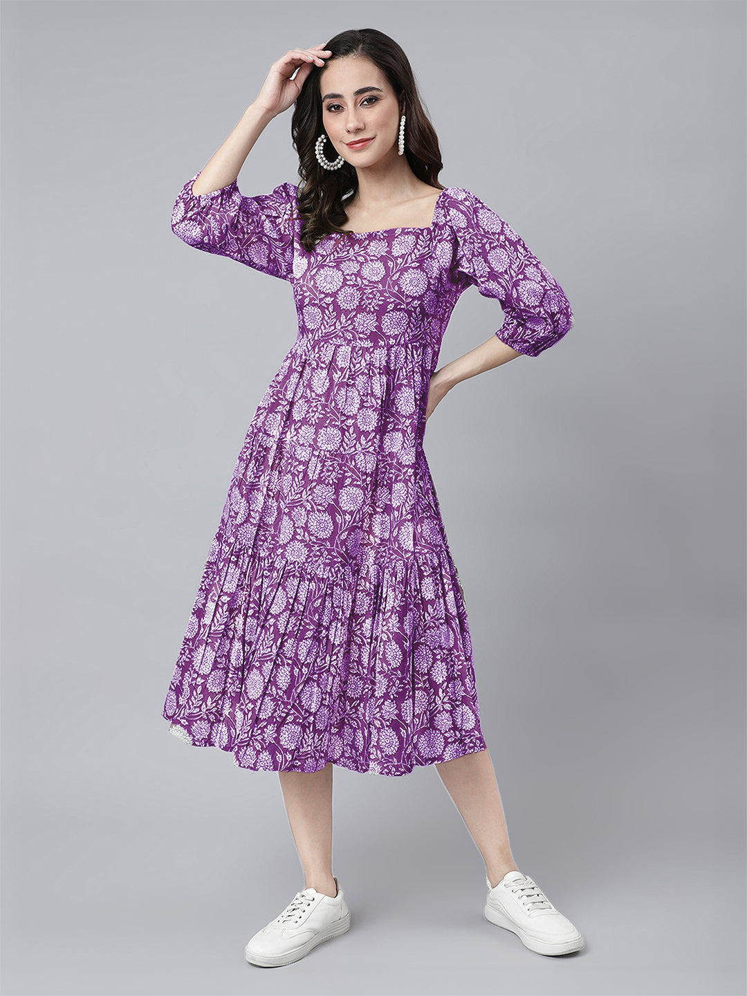 Janasya Bright Cotton Floral Tiered Dress - Distacart