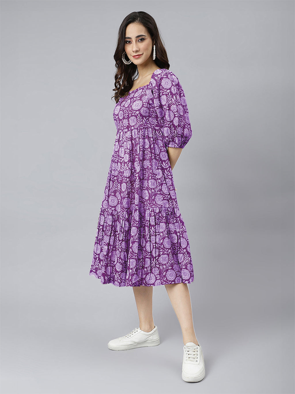 Janasya Bright Cotton Floral Tiered Dress - Distacart