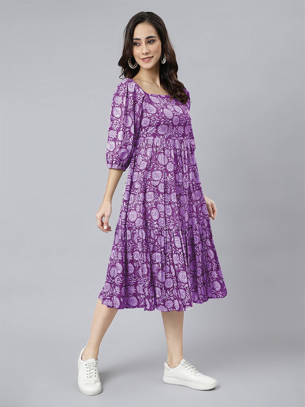 Janasya Bright Cotton Floral Tiered Dress - Distacart