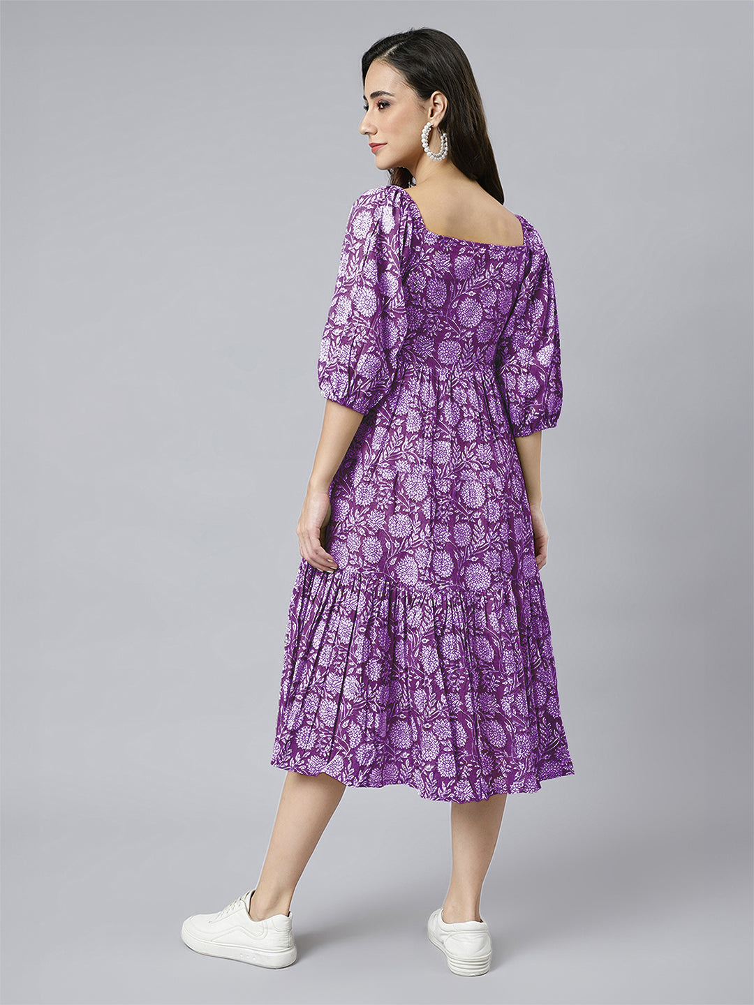 Janasya Bright Cotton Floral Tiered Dress - Distacart