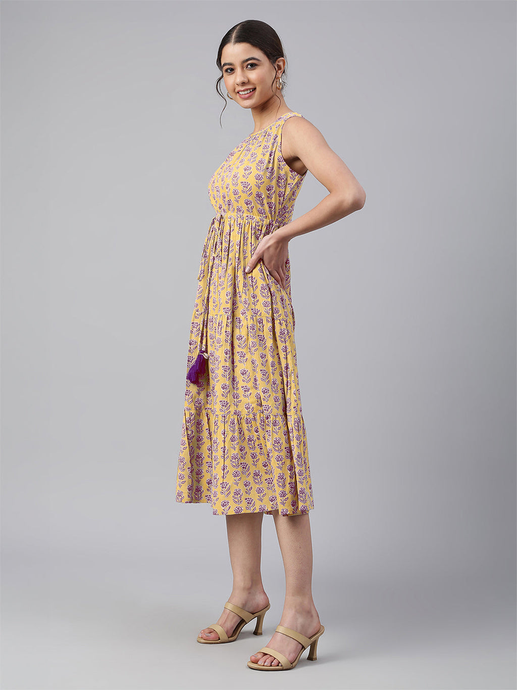 Janasya Bright Cotton Floral Tiered Dress - Distacart