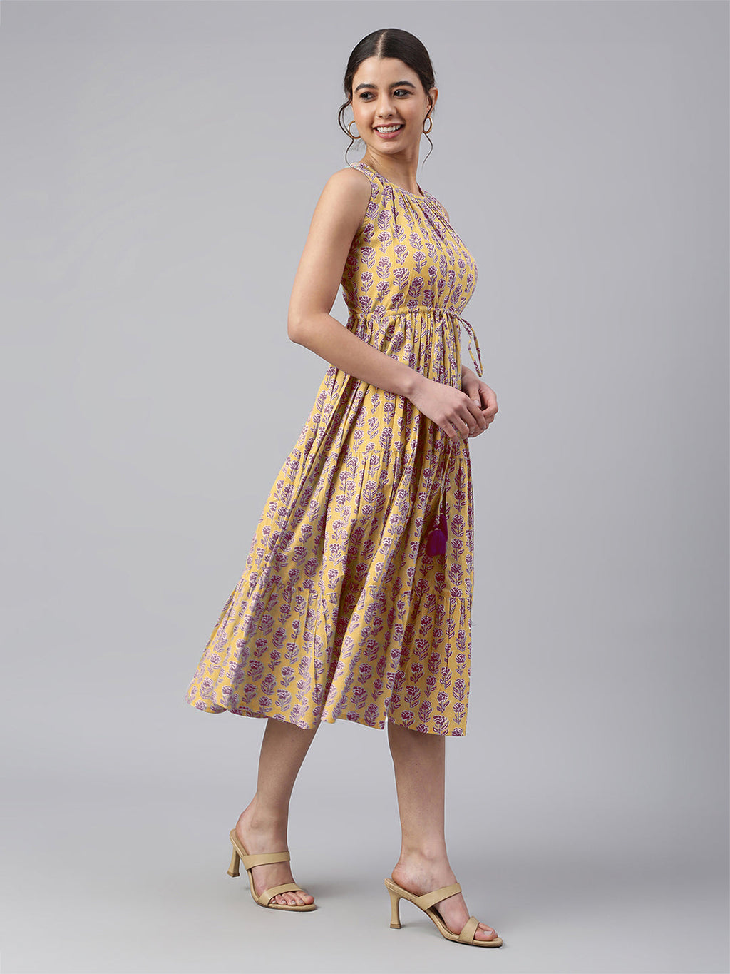 Janasya Bright Cotton Floral Tiered Dress - Distacart