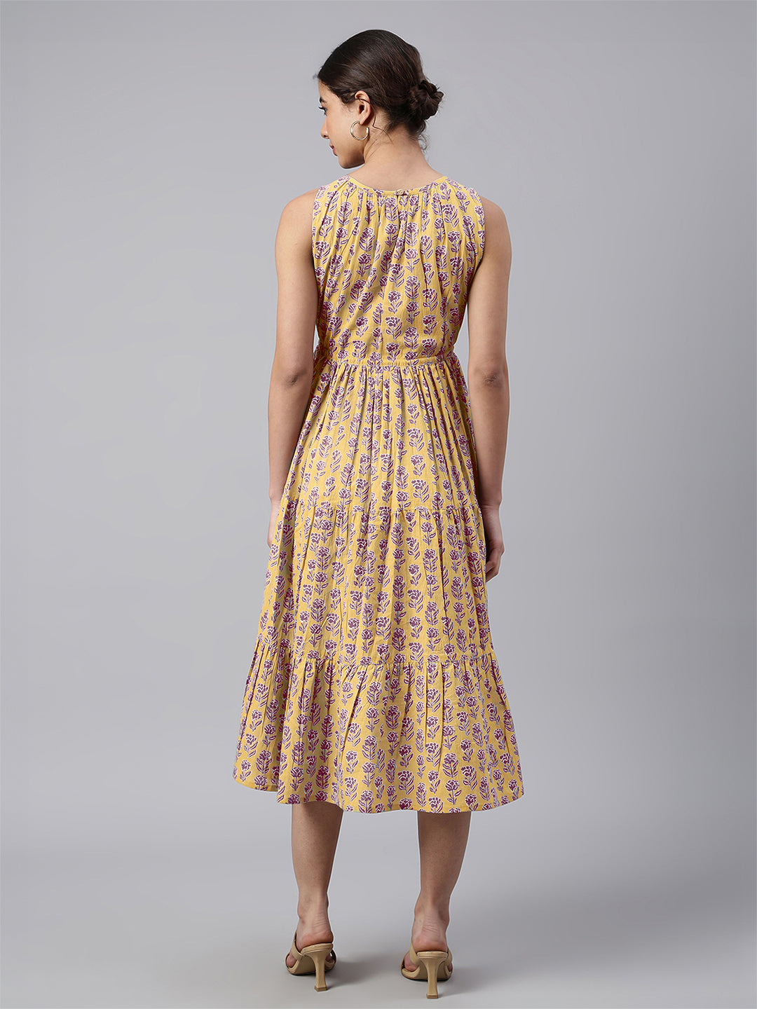 Janasya Bright Cotton Floral Tiered Dress - Distacart