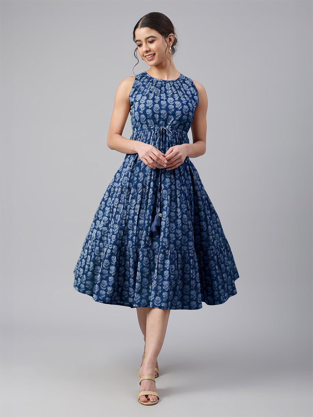 Janasya Bright Cotton Floral Tiered Dress - Distacart