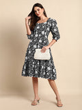 Janasya Dark Cotton Floral A-Line Dress - Distacart