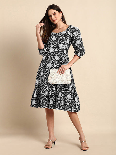 Janasya Dark Cotton Floral A-Line Dress