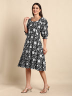 Janasya Dark Cotton Floral A-Line Dress - Distacart