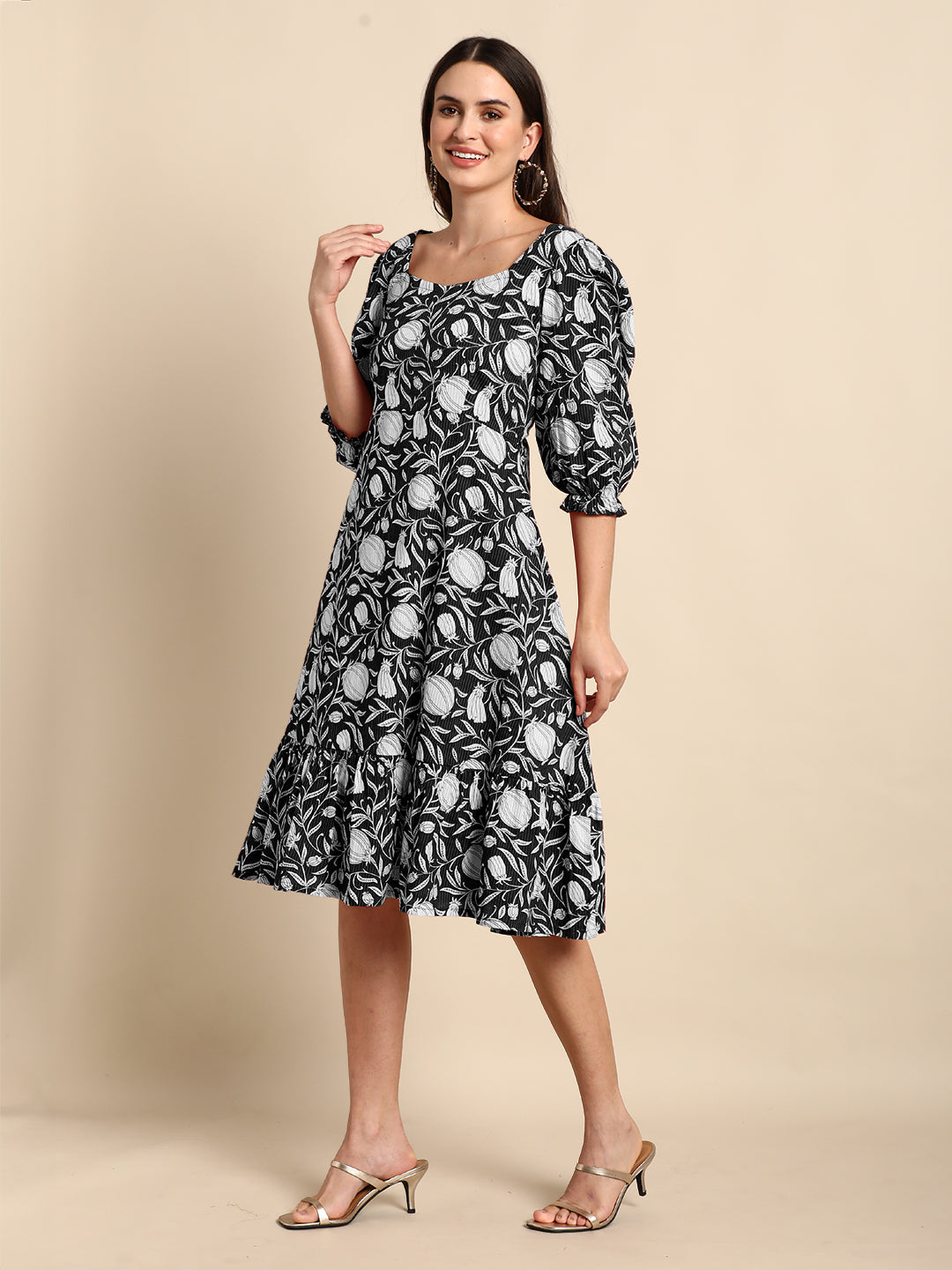 Janasya Dark Cotton Floral A-Line Dress - Distacart