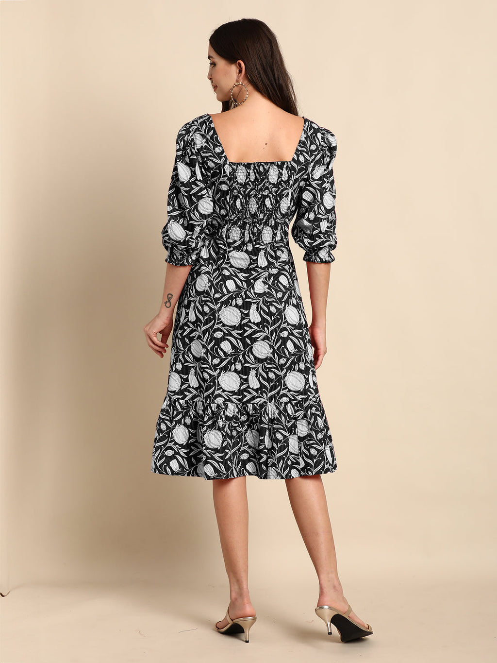 Janasya Dark Cotton Floral A-Line Dress - Distacart