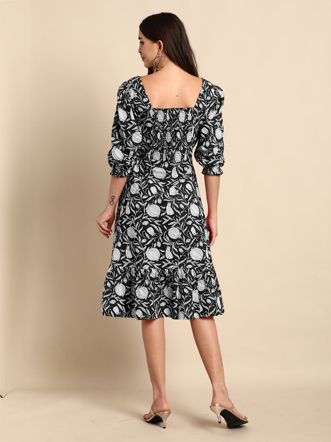 Janasya Dark Cotton Floral A-Line Dress - Distacart