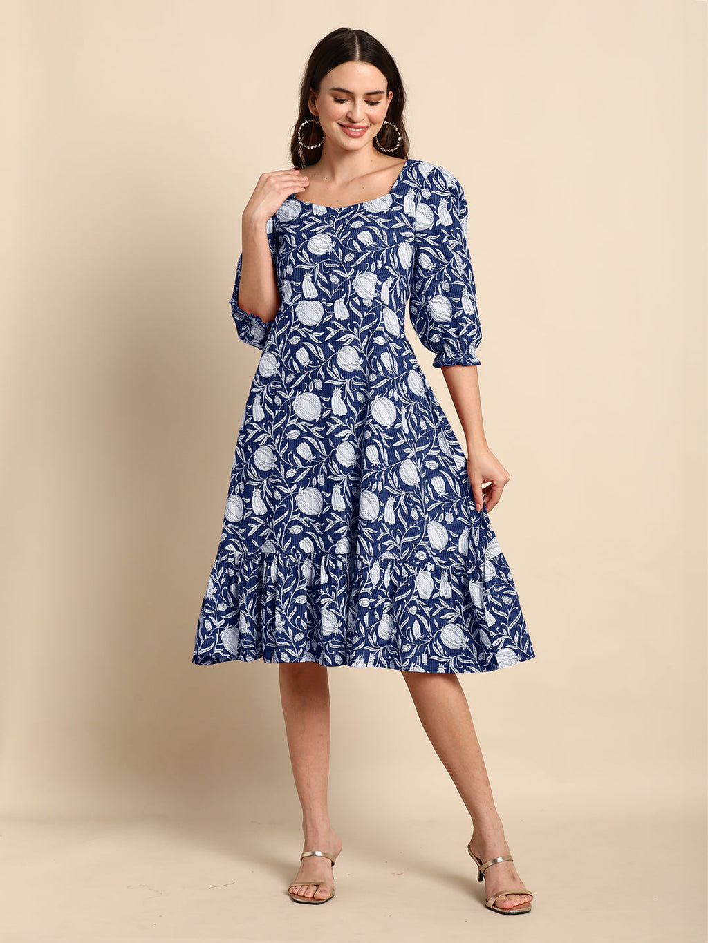 Janasya Dark Cotton Floral A-Line Dress - Distacart
