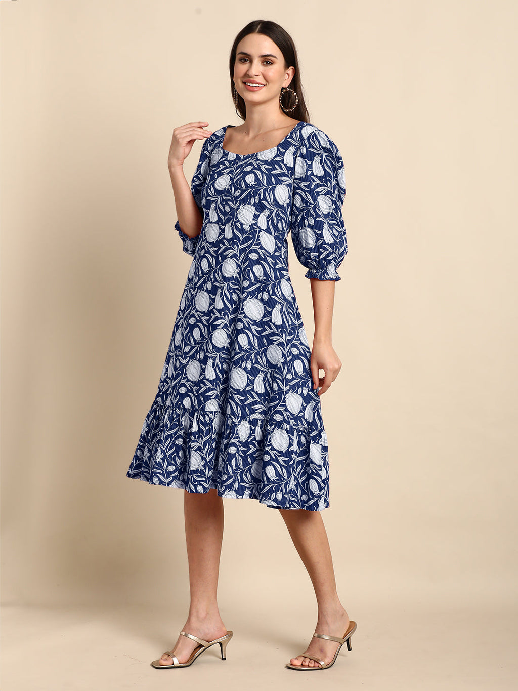 Janasya Dark Cotton Floral A-Line Dress - Distacart