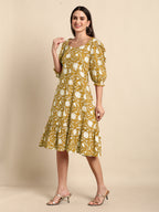 Janasya Dark Cotton Floral A-Line Dress - Distacart