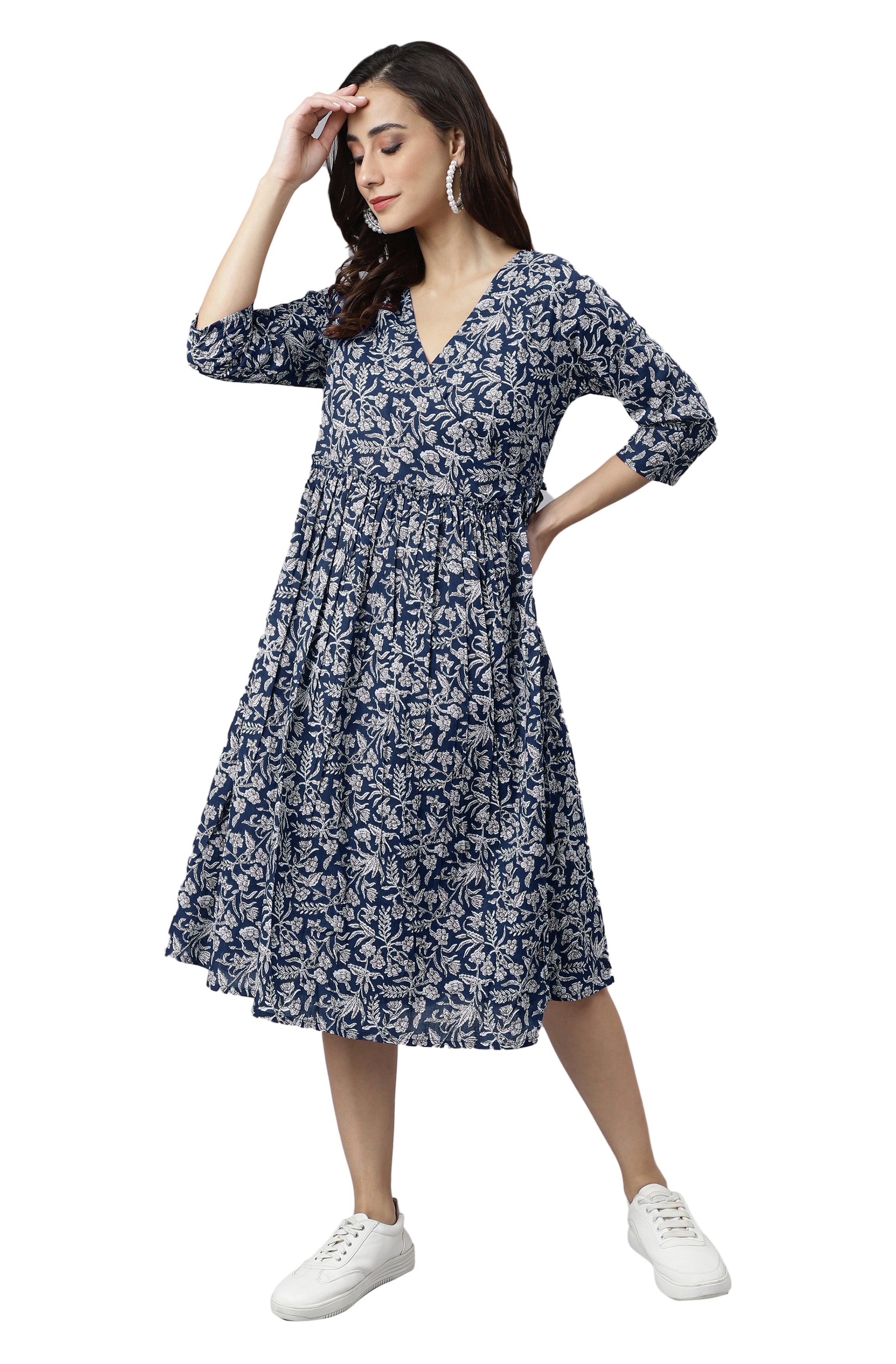Janasya Dark Cotton Floral Angrakha Dress - Distacart