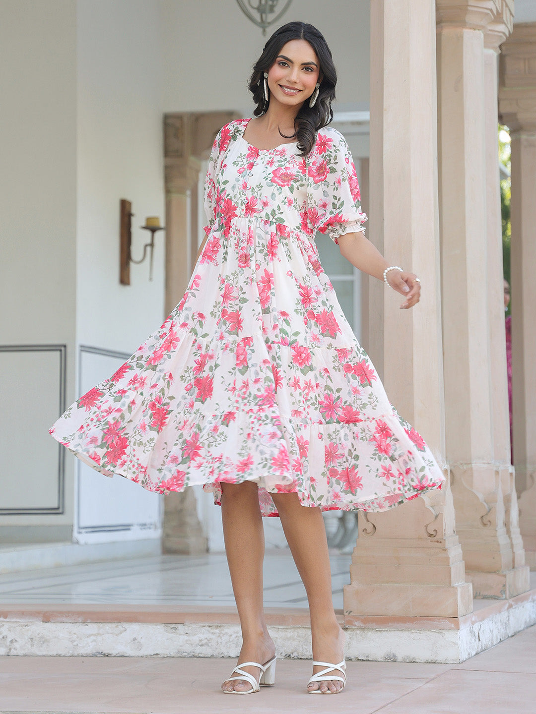 Janasya Bright Georgette Floral Tiered Dress - Distacart