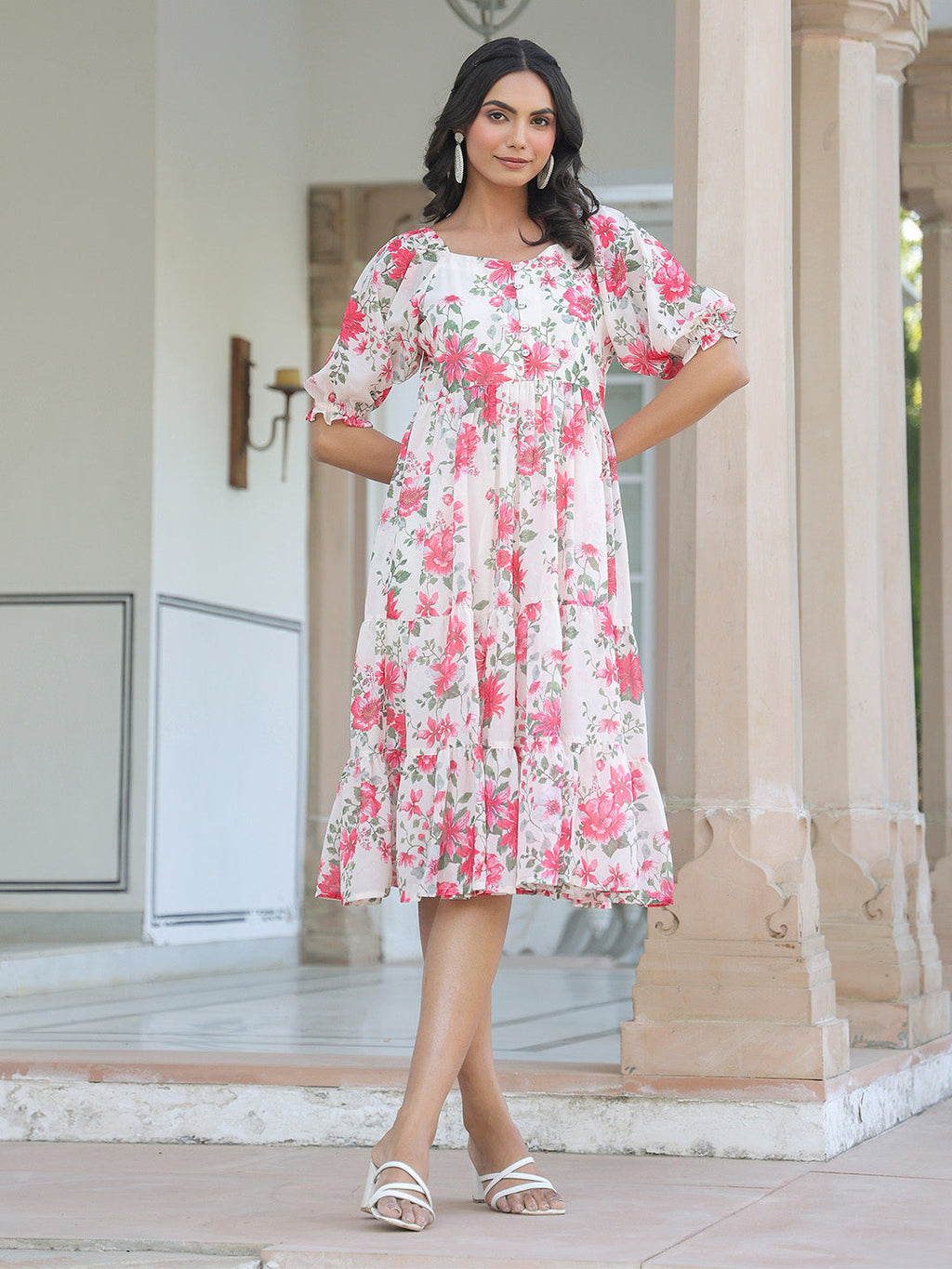 Janasya Bright Georgette Floral Tiered Dress - Distacart