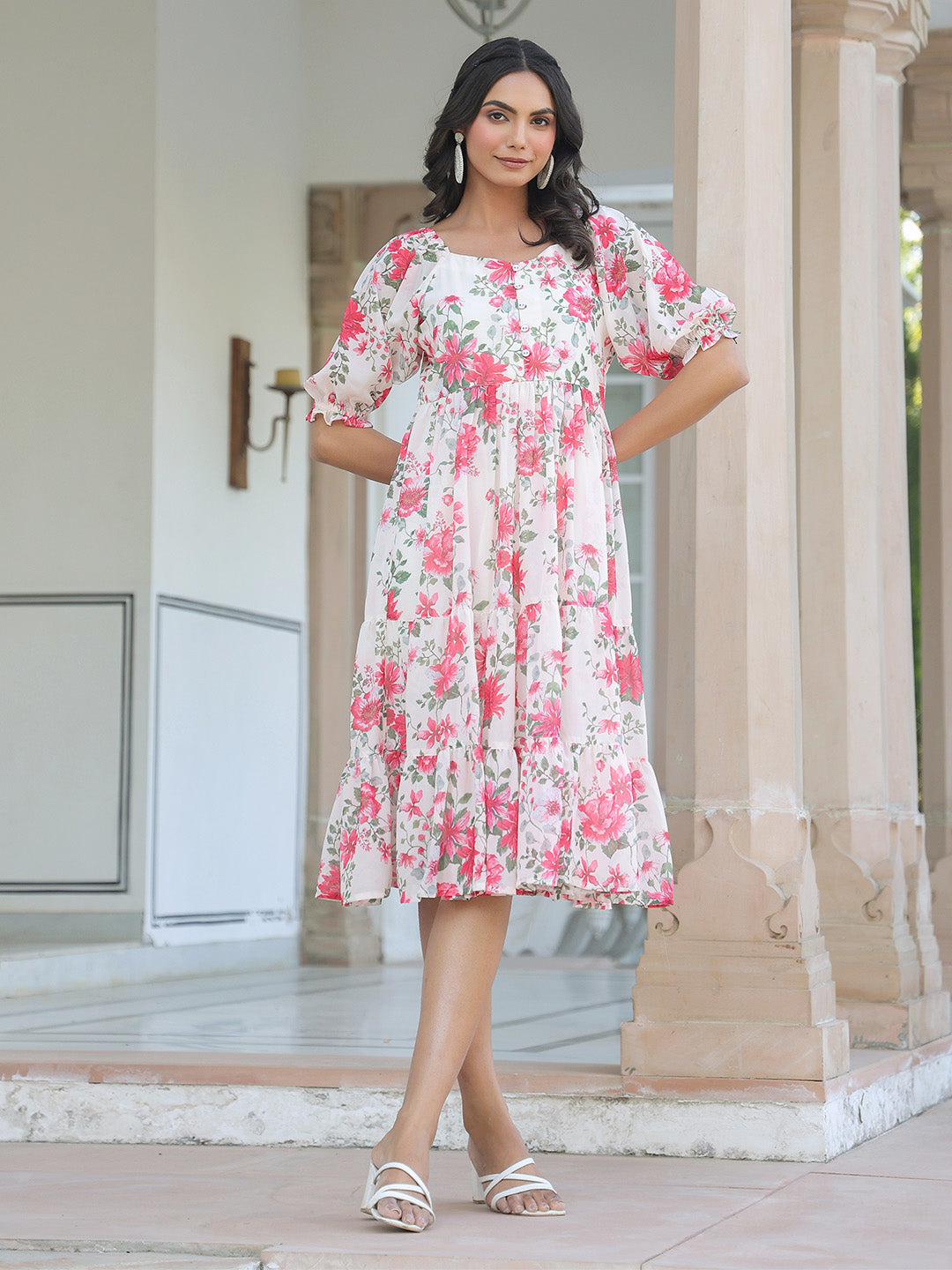Janasya Bright Georgette Floral Tiered Dress - Distacart