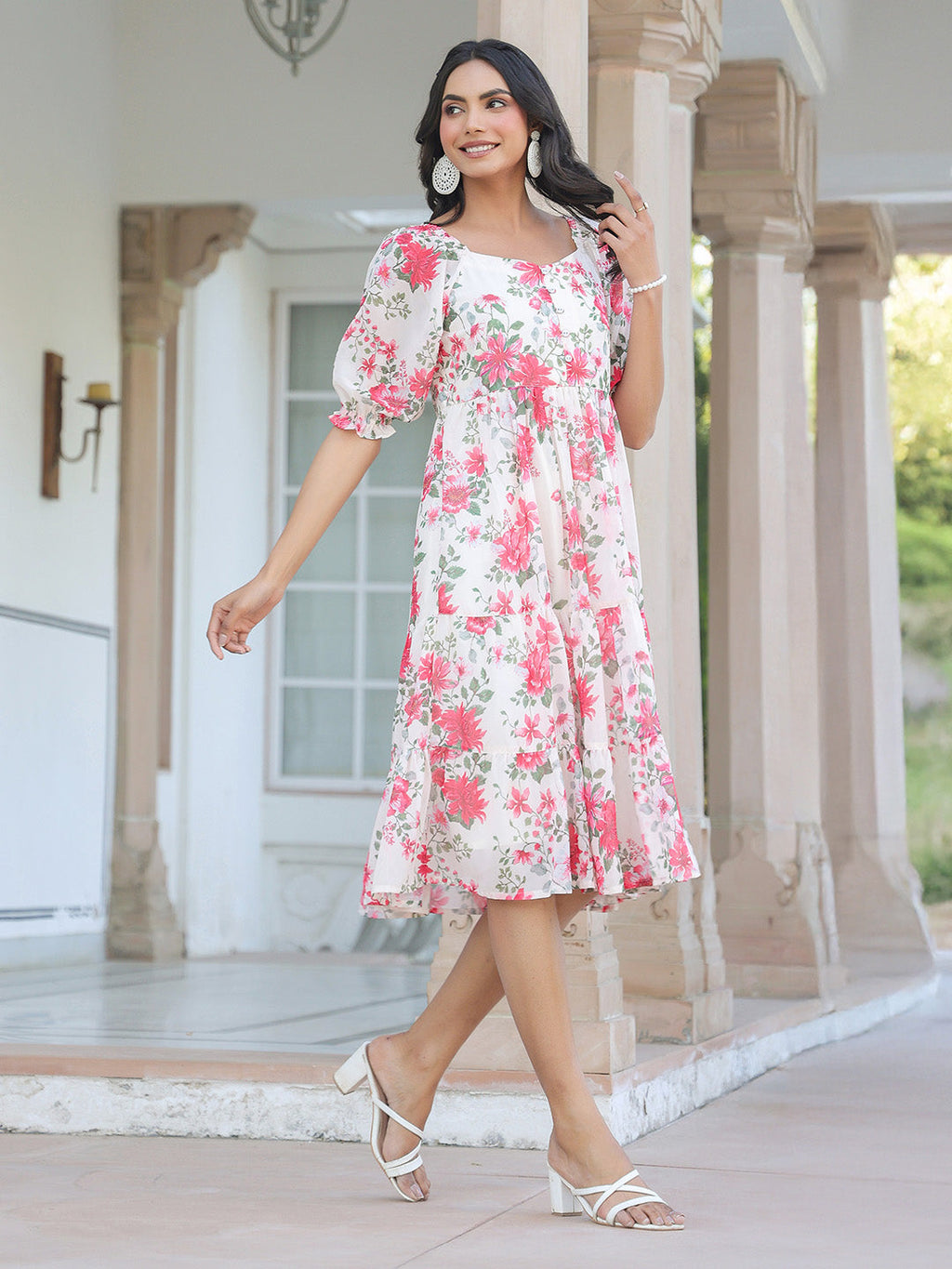 Janasya Bright Georgette Floral Tiered Dress - Distacart
