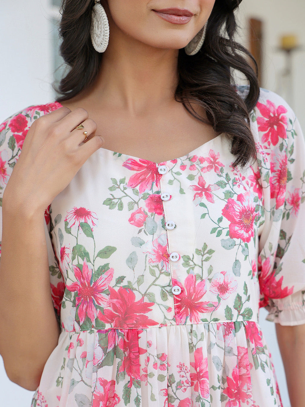 Janasya Bright Georgette Floral Tiered Dress - Distacart