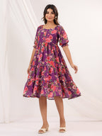 Janasya Bright Georgette Floral Tiered Dress - Distacart
