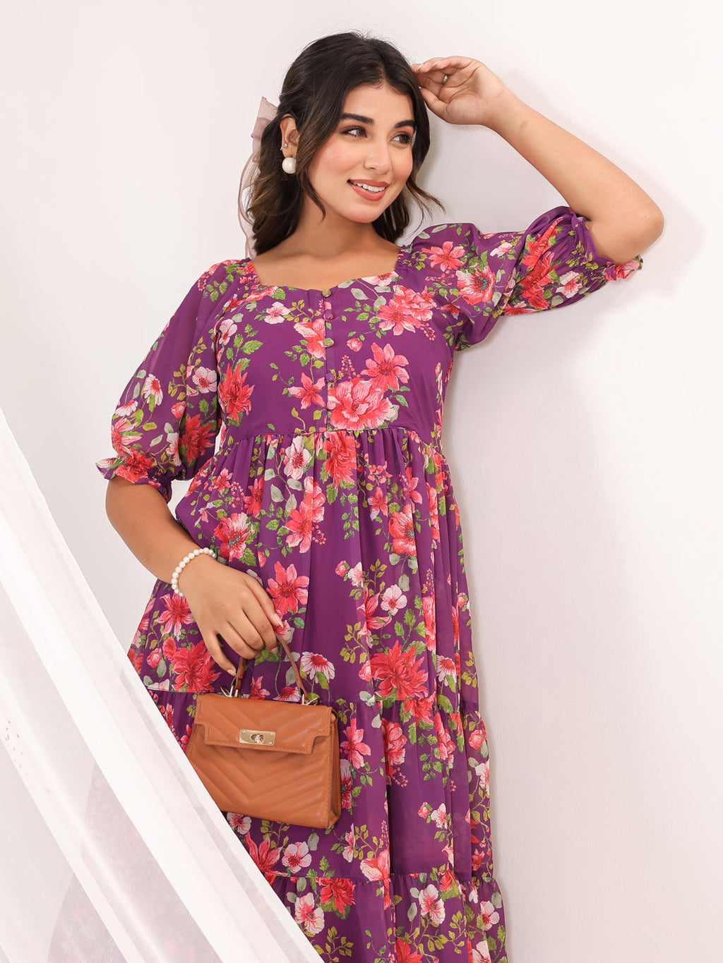 Janasya Bright Georgette Floral Tiered Dress - Distacart
