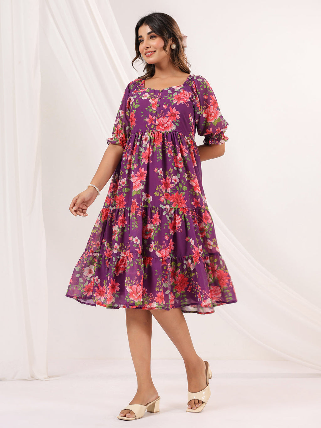 Janasya Bright Georgette Floral Tiered Dress - Distacart