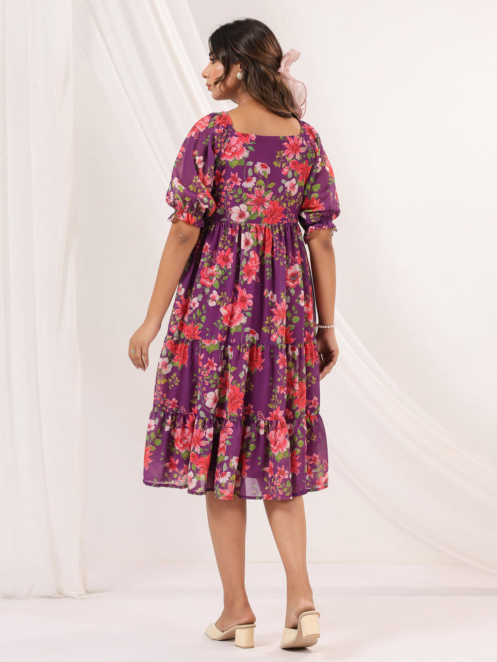 Janasya Bright Georgette Floral Tiered Dress - Distacart