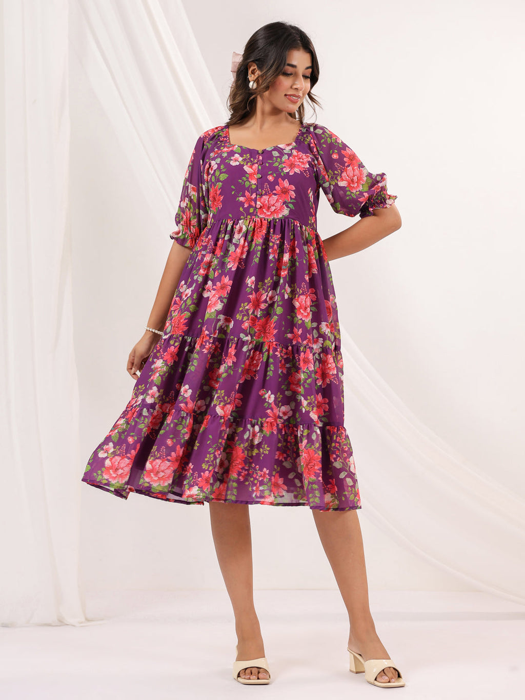 Janasya Bright Georgette Floral Tiered Dress - Distacart
