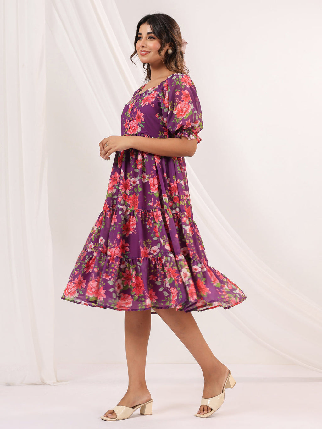 Janasya Bright Georgette Floral Tiered Dress - Distacart