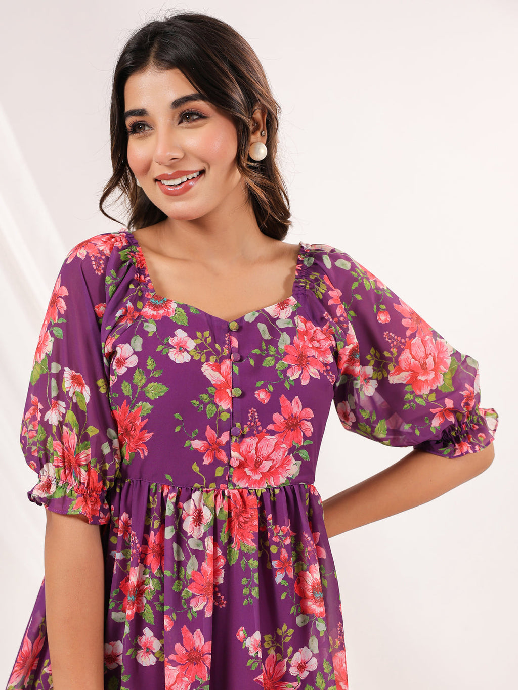 Janasya Bright Georgette Floral Tiered Dress - Distacart