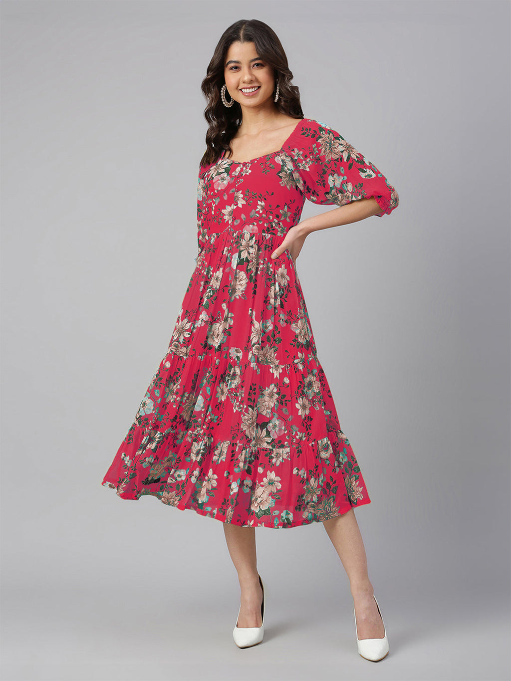 Janasya Bright Georgette Floral Tiered Dress - Distacart