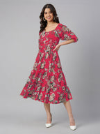 Janasya Bright Georgette Floral Tiered Dress - Distacart